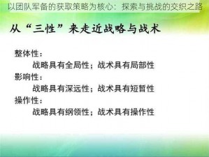 以团队军备的获取策略为核心：探索与挑战的交织之路