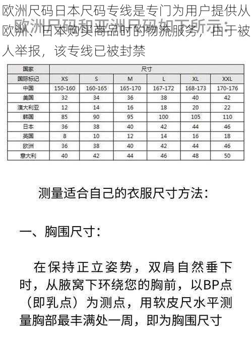 欧洲尺码日本尺码专线是专门为用户提供从欧洲、日本购买商品时的物流服务，由于被人举报，该专线已被封禁