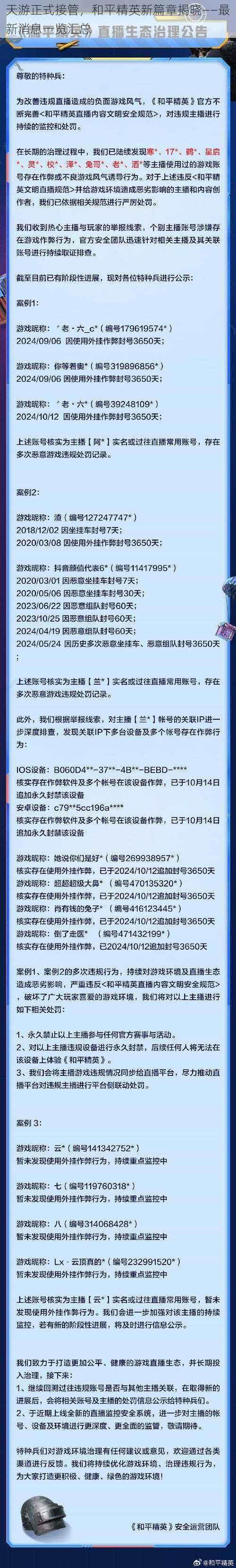 天游正式接管，和平精英新篇章揭晓——最新消息一览汇总