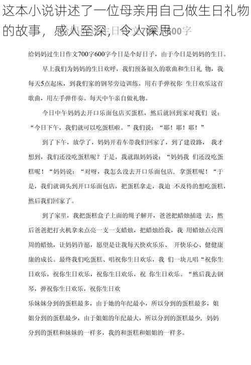 这本小说讲述了一位母亲用自己做生日礼物的故事，感人至深，令人深思