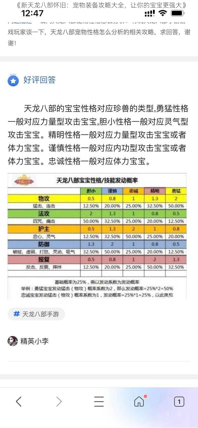 《新天龙八部怀旧：宠物装备攻略大全，让你的宝宝更强大》